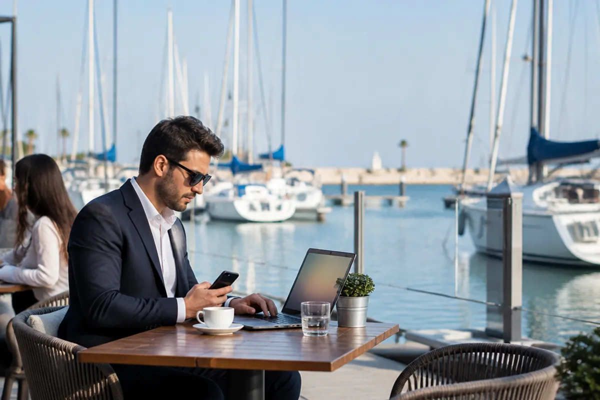 A café terrace at the Herzliya marina with sailboats, a businessman working on a laptop with a phone