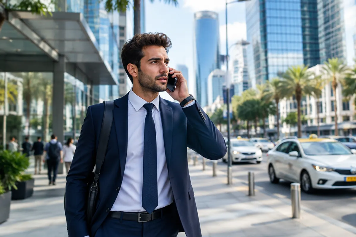Businessman on a phone call outside an office tower in Tel Aviv