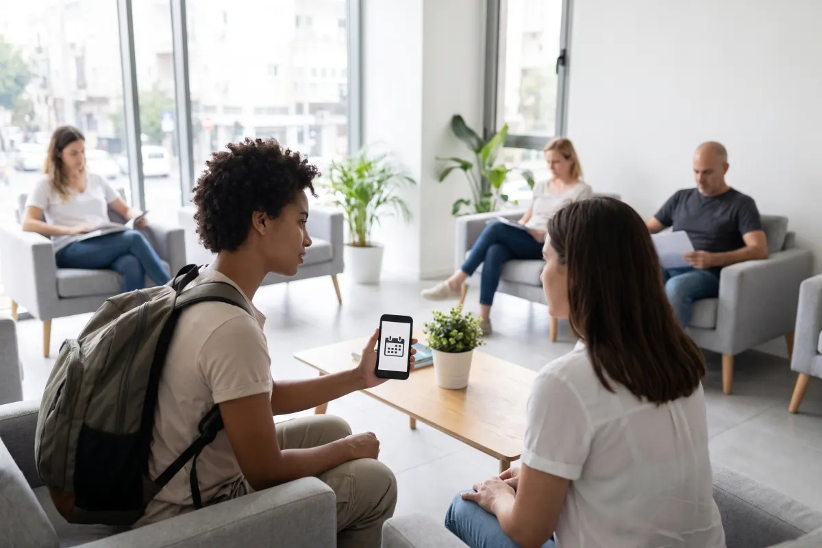 Voyageur dans une clinique israélienne présentant un rendez-vous sur son smartphone