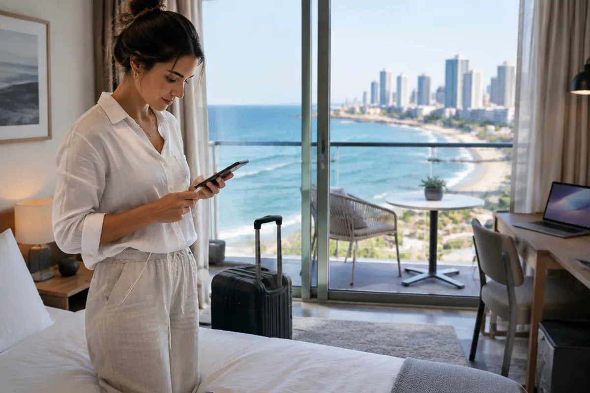 Voyageuse connectant son téléphone à son arrivée dans une chambre vue mer à Tel Aviv