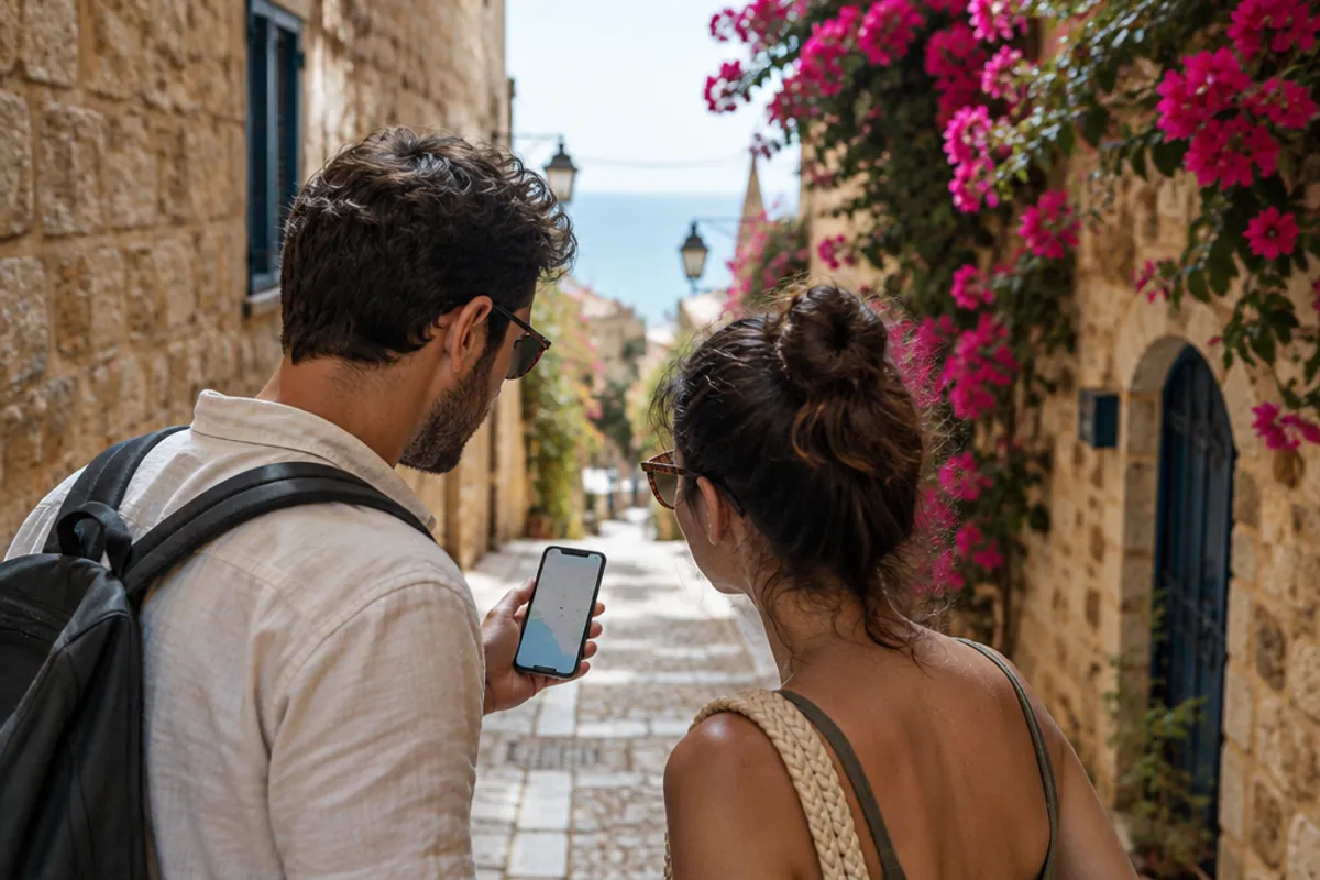 Couple suivant un plan sur smartphone dans les ruelles de pierre du vieux Jaffa