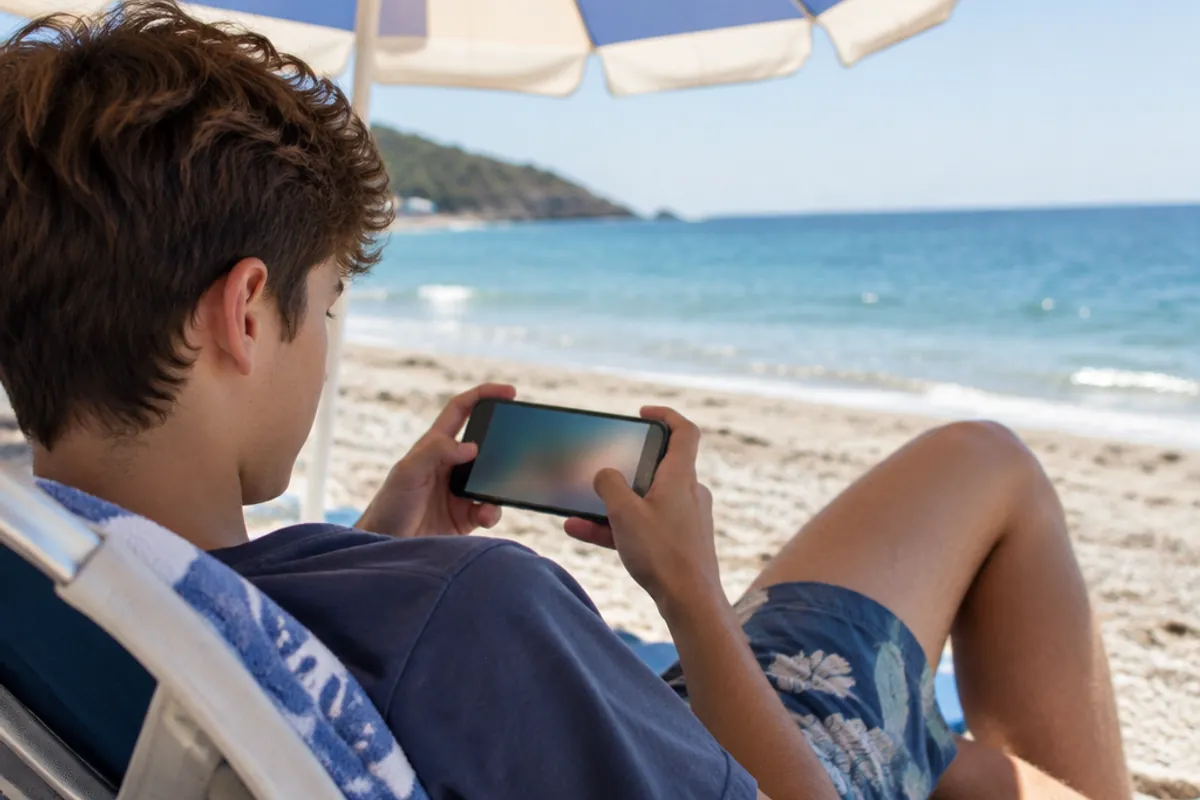 A teenager playing a mobile game on a smartphone at the beach under an umbrella