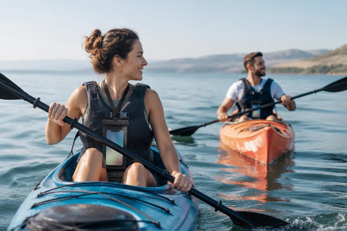 Kayak sur le lac de Tibériade le matin, téléphone dans une pochette étanche