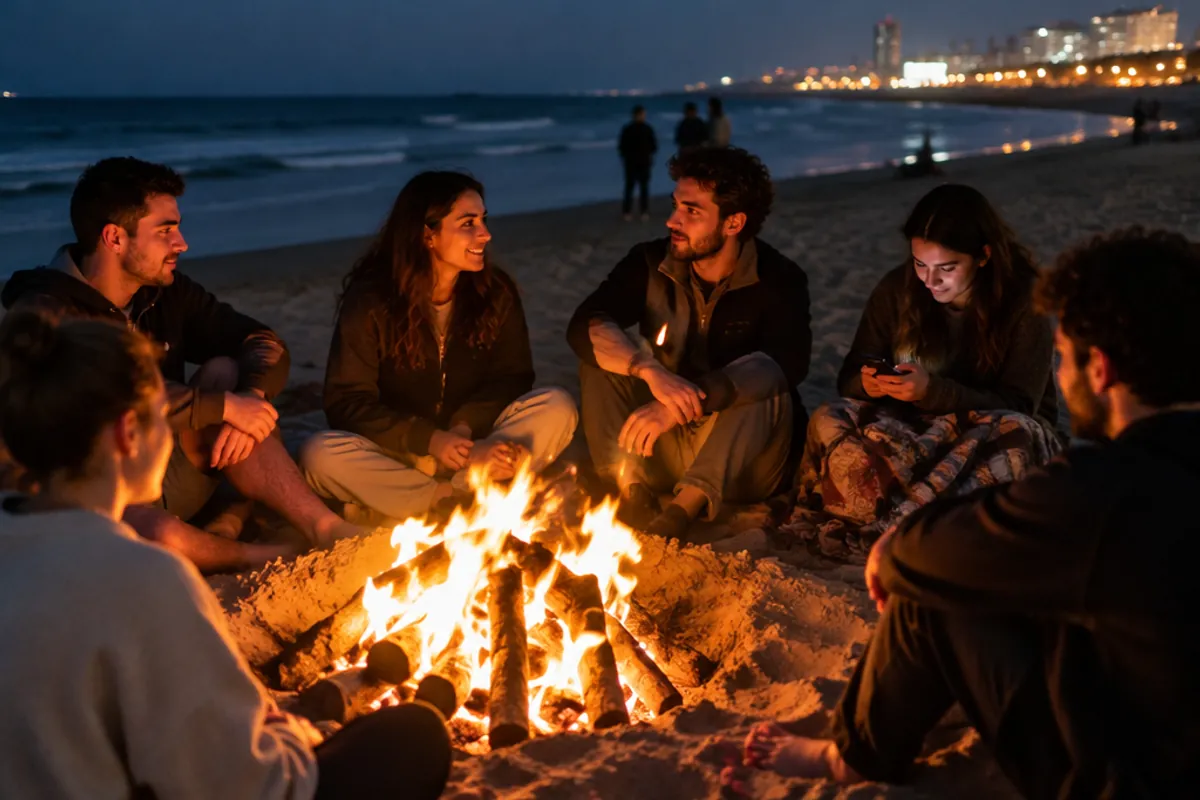 Friends sitting around a bonfire on an Israeli beach at night for Lag BaOmer, faces lit by fire, one checking a phone