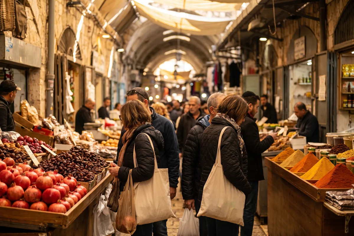 Busy Jerusalem market stacked with pomegranates and spices before the autumn holidays
