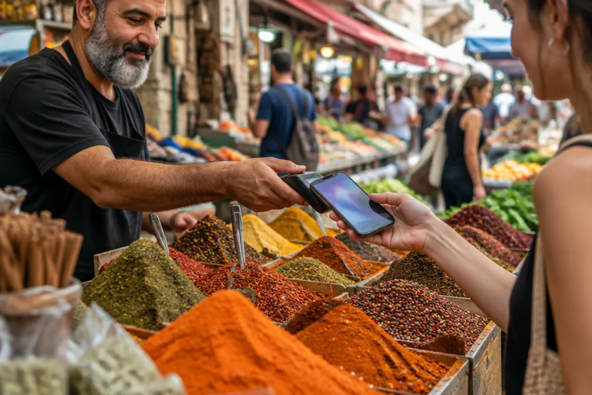 Paiement par smartphone à un étal d'épices du marché du Carmel à Tel Aviv