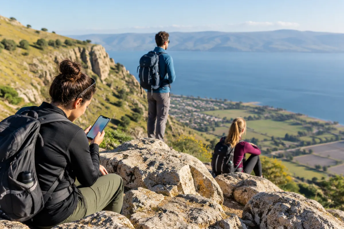 Hikers on the cliffs of Mount Arbel above the Sea of Galilee