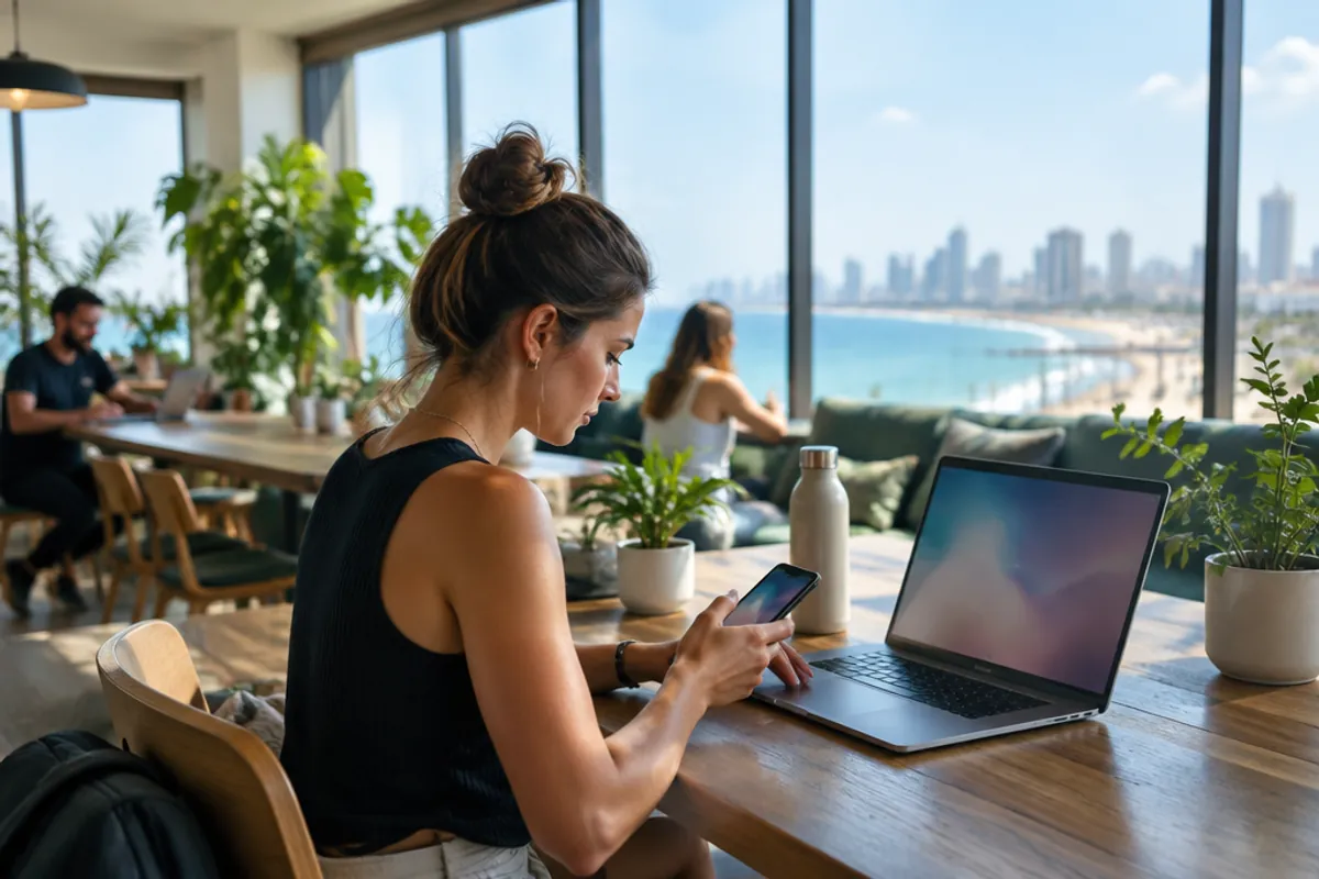 Digital nomad working with a laptop in a sea-view Tel Aviv coworking space