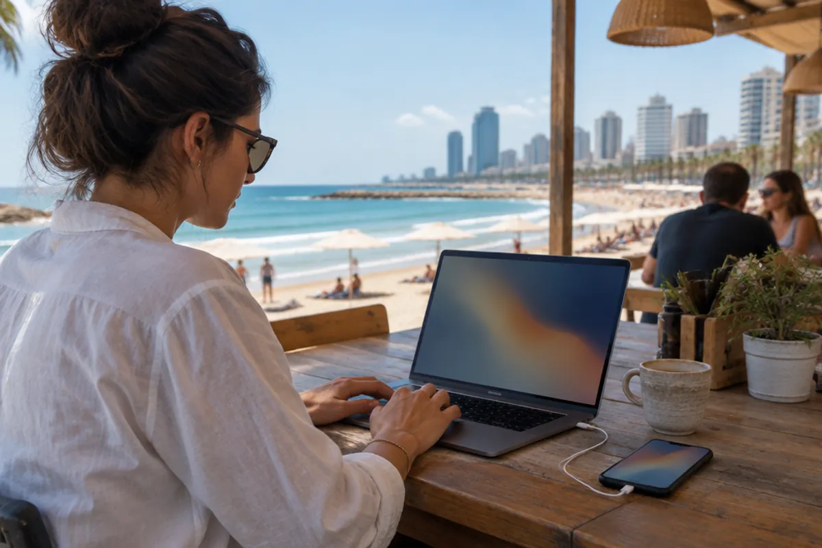 Nomade numérique travaillant dans un café de plage à Tel-Aviv