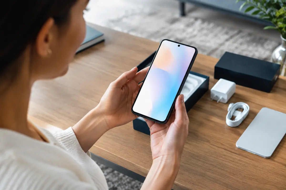 A person unboxing a new smartphone on a table, box and accessories around