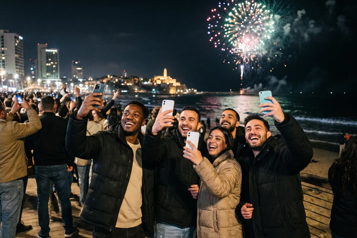 Amis fêtant le Nouvel An à Tel Aviv sous les feux d'artifice, smartphones à la main