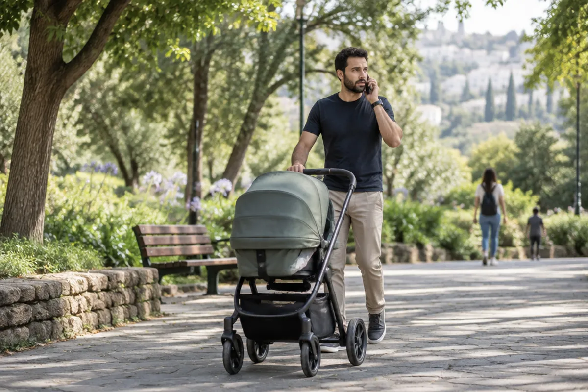 Père avec une poussette dans un parc, au téléphone
