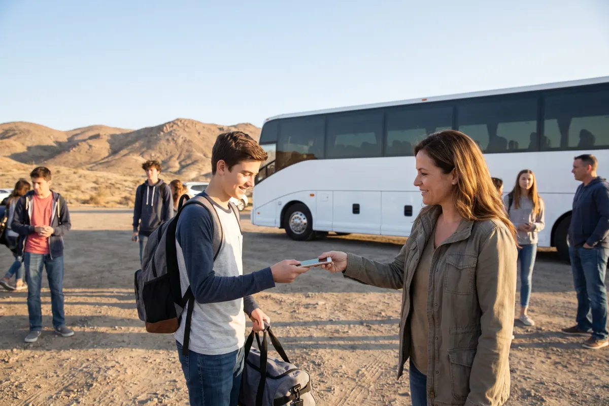 Mother handing a smartphone to her teenager before a school trip in Israel