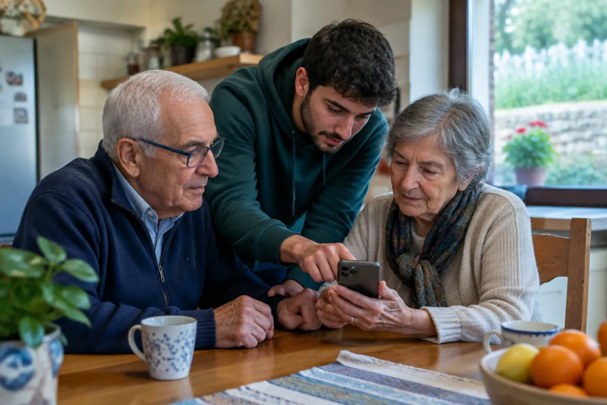 A grandson helping his grandparents set up their smartphone at a kitchen table in Israel