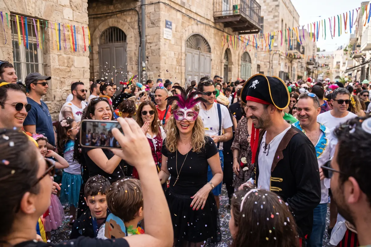 Fête de Pourim dans les rues de Tel Aviv, déguisements et smartphones qui filment
