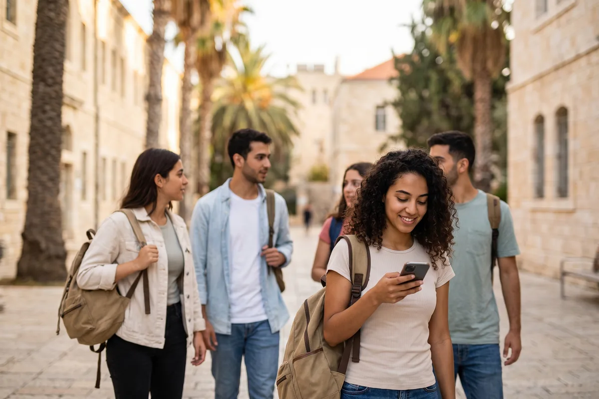 Students walking across a university campus in Israel at the start of the autumn semester