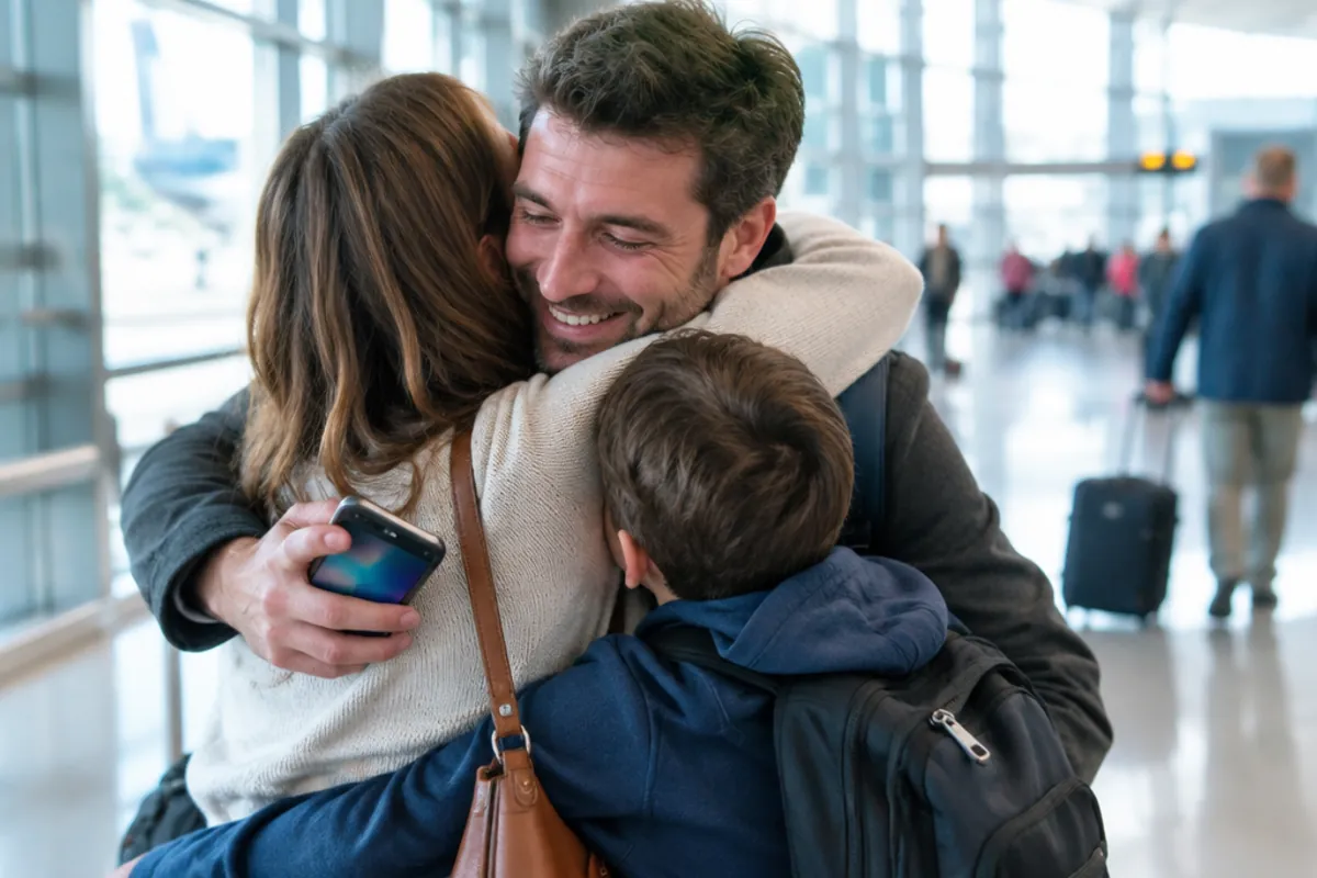 Family reunion hug in an airport arrivals hall