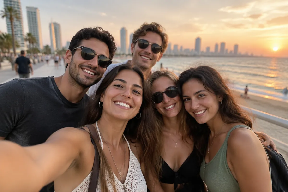 Groupe d'amis prenant un selfie sur la promenade de Tel-Aviv