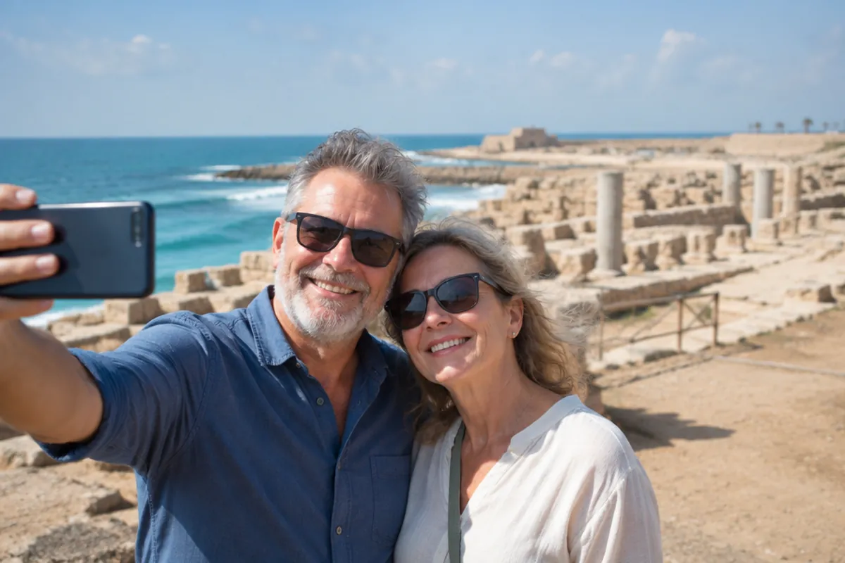 Retired couple taking a selfie at the ancient harbor of Caesarea