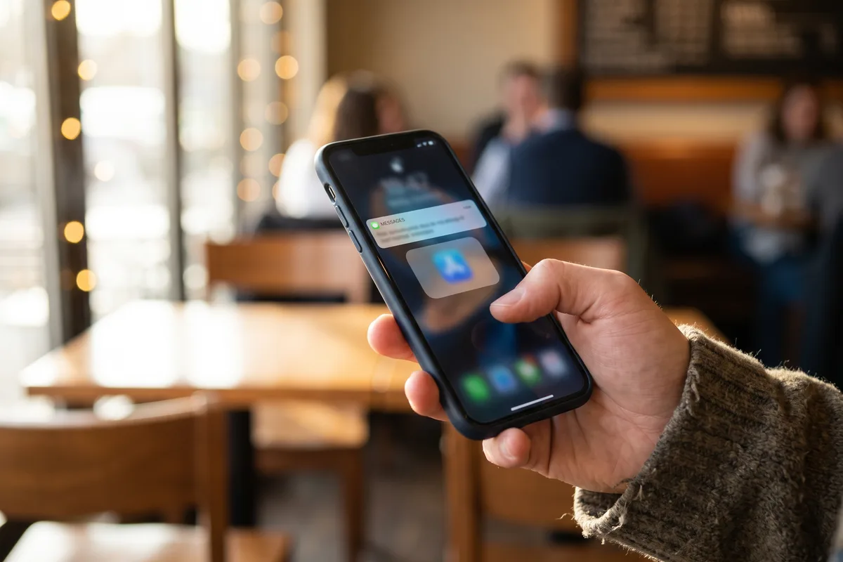 Main tenant un smartphone recevant un code de vérification par SMS dans un café
