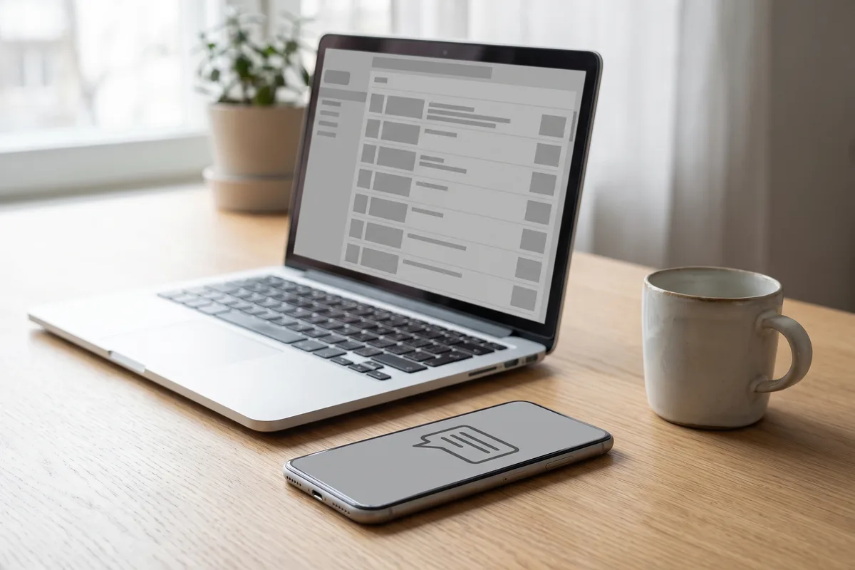 Smartphone showing a message notification next to a laptop displaying a mail inbox