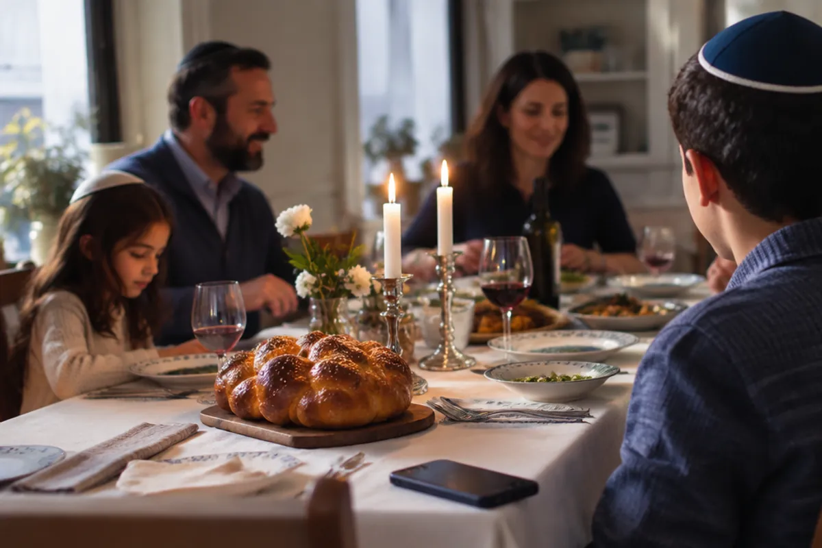 Family Shabbat dinner table with candles and challah