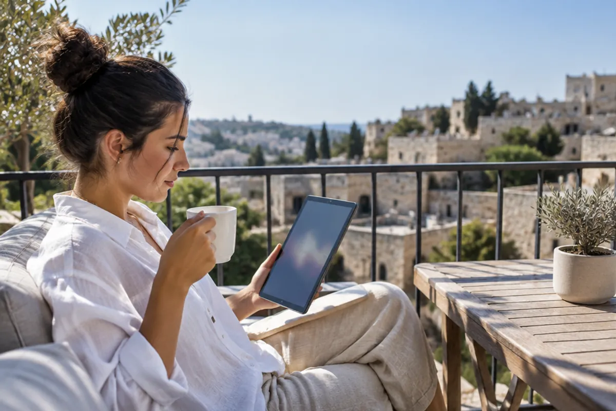 A woman reading on a tablet on a sunny terrace in Israel with a coffee