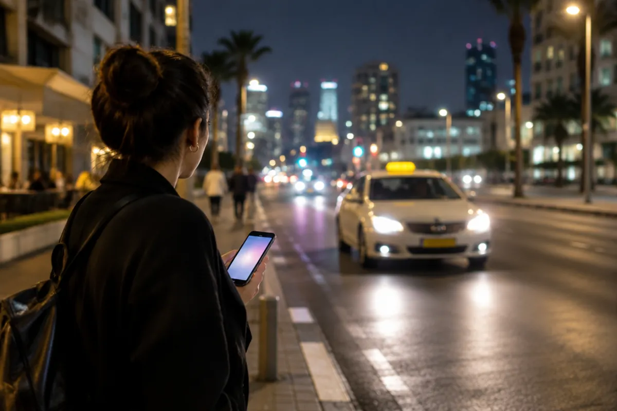 A traveler ordering a taxi with a smartphone on a Tel Aviv street at night, a taxi approaching