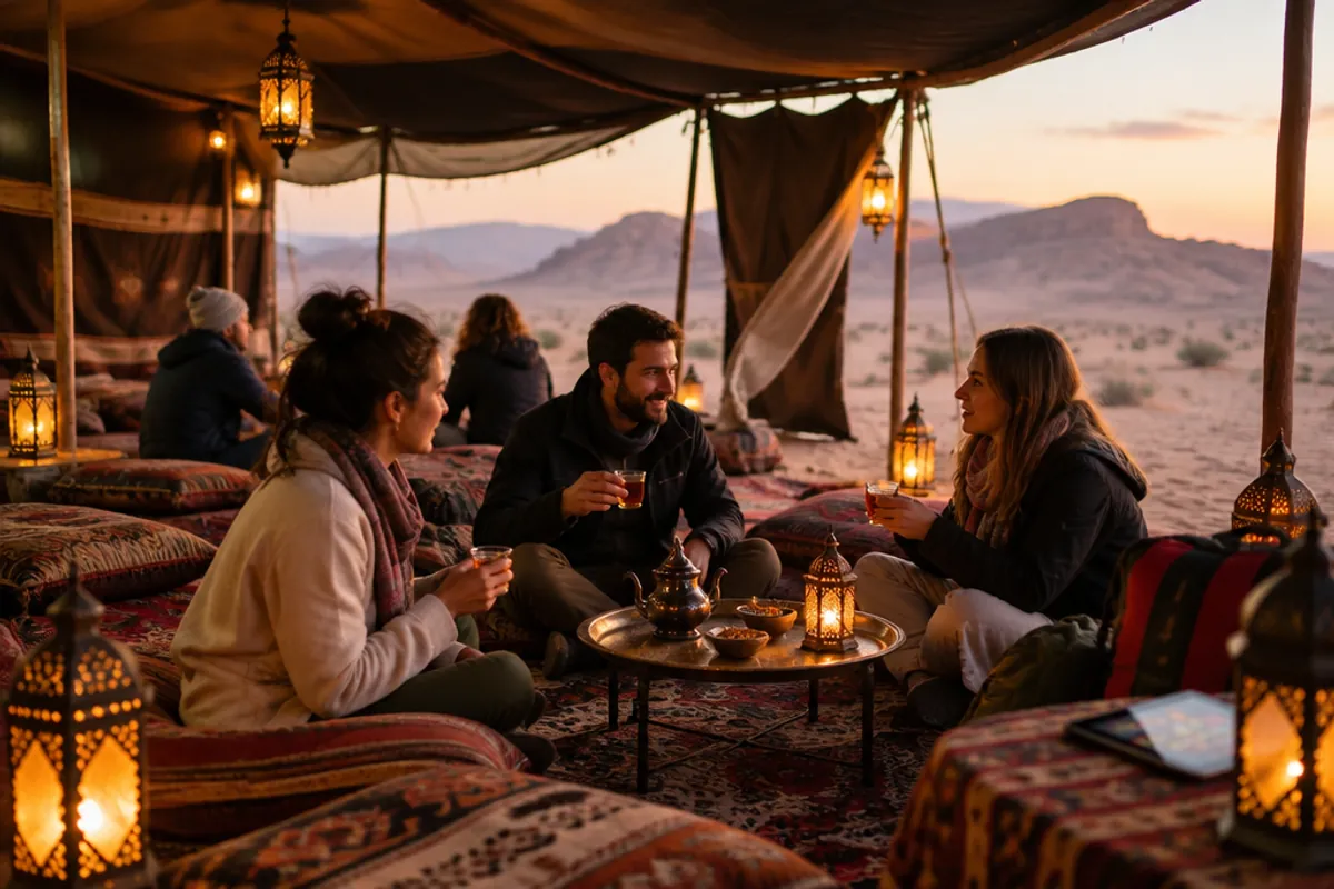 Travelers drinking tea in a large desert tent camp in the Negev, carpets and cushions, warm lanterns
