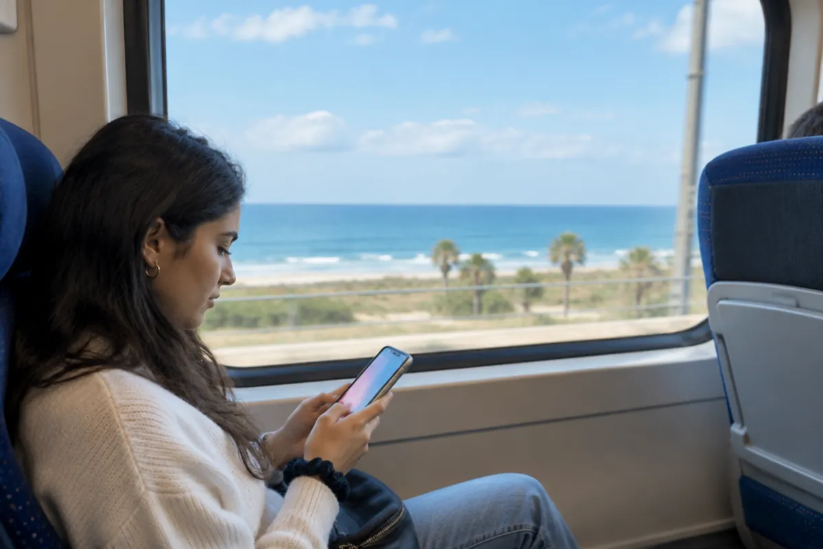 Passagère sur son smartphone dans un train longeant la côte israélienne