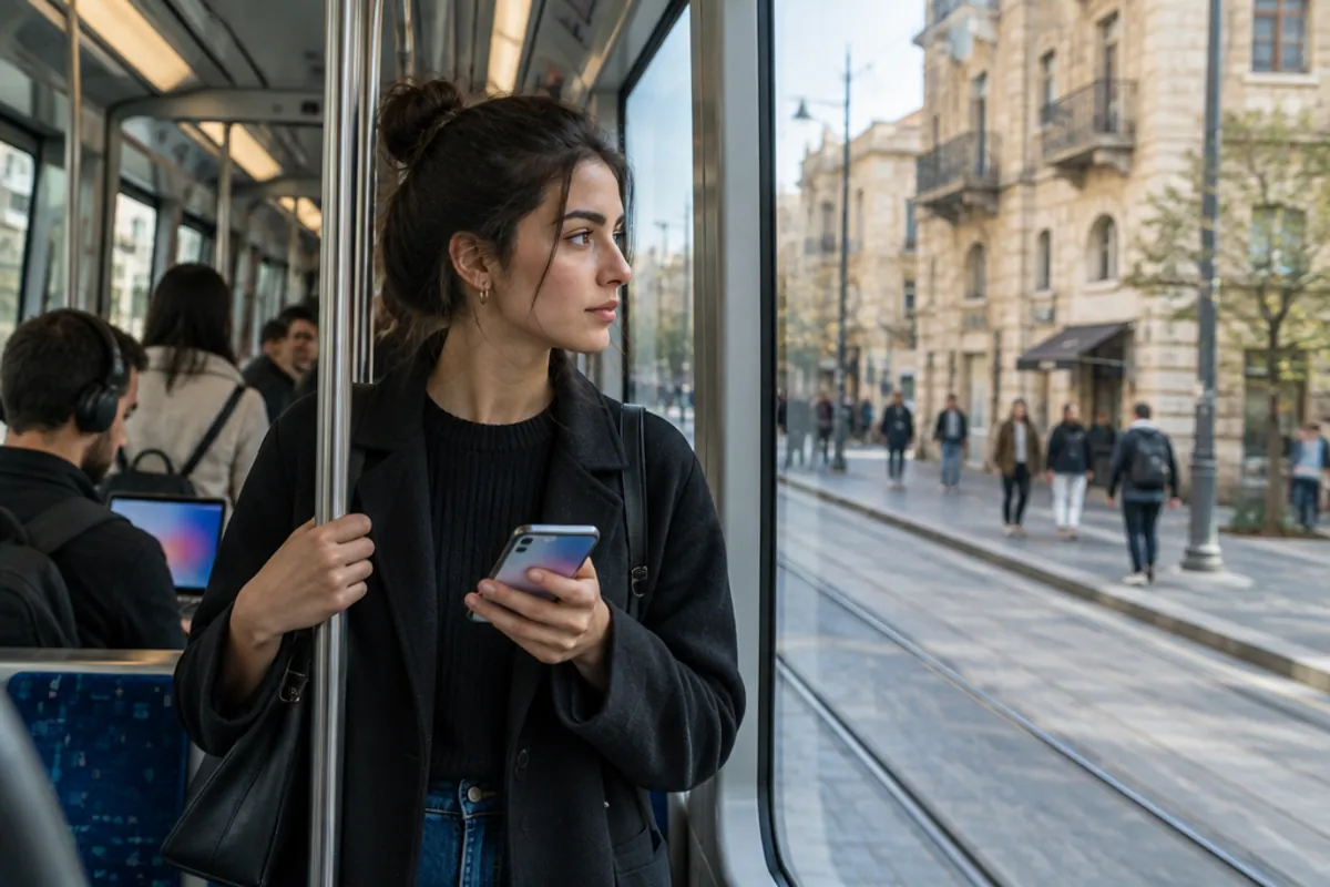 Voyageuse avec son smartphone dans le tramway de Jérusalem