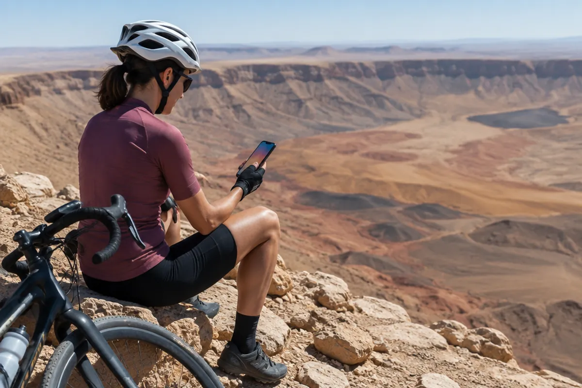 Cycliste consultant son téléphone au bord du cratère de Ramon