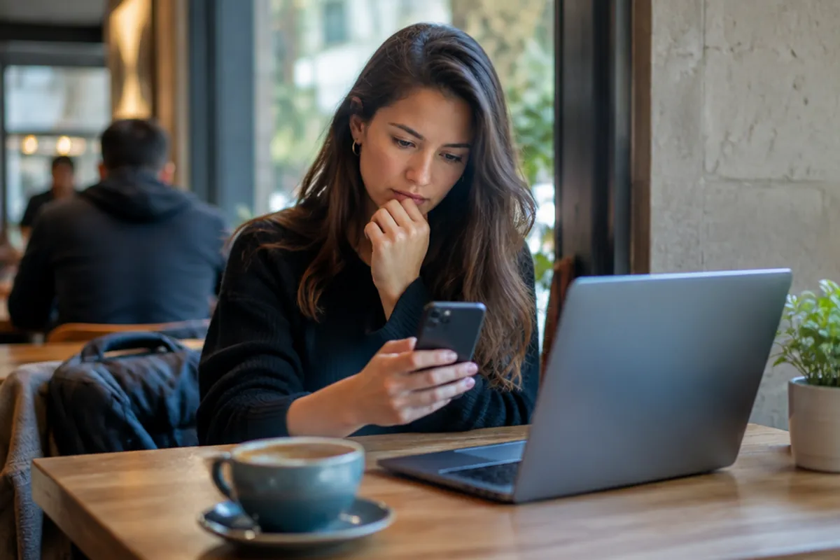A traveler in a café hesitating to connect to public wifi on a laptop, using her phone instead